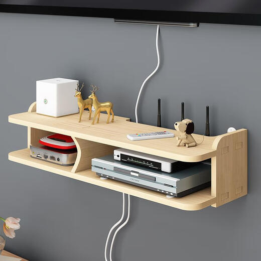Epson storage rack solid wood punch-free router wireless wifi living room TV set-top box wall-mounted partition rack (pure solid wood) double-layer deepened large 80cm with accessories