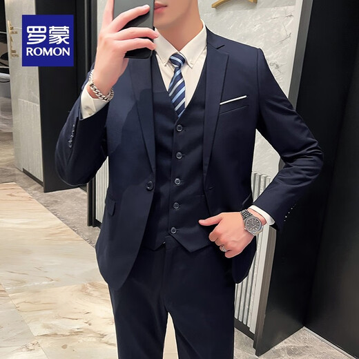 罗蒙西服套装男2025春季新款商务职业正装结婚礼服西服马甲三件套男 一粒黑色 3XL /185(建议155-170斤)