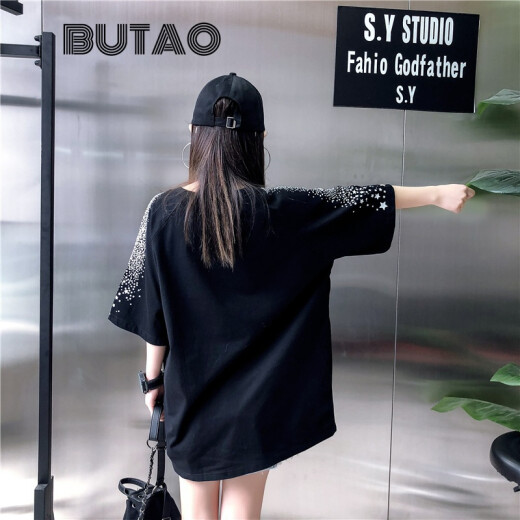 BUTAO Hong Kong trendy brand short-sleeved women's mid-length loose fashion summer new versatile five-pointed star dark print T-shirt women's black one size
