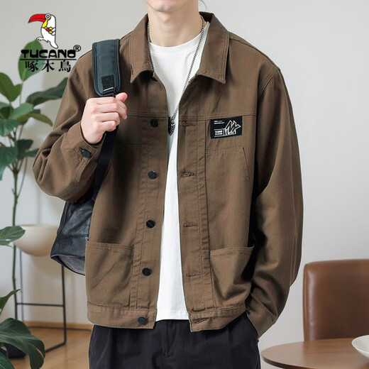 Woodpecker Jacket Men's Spring and Autumn 2025 New Shirt Lapel Autumn Men's Work Jacket Early Autumn Gown Top [Updated Version] K12806 Black M [Suggested 90-120Jin [Jin equals 0.5 kg]]