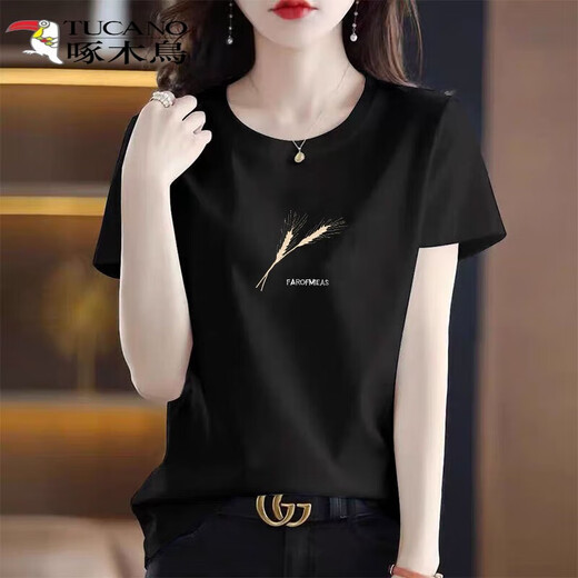 Woodpecker pure cotton T-shirt for women short-sleeved 2025 summer new loose simple fashionable T-shirt top for women 6193 leather powder XL 120-135Jin [Jin equals 0.5 kg]