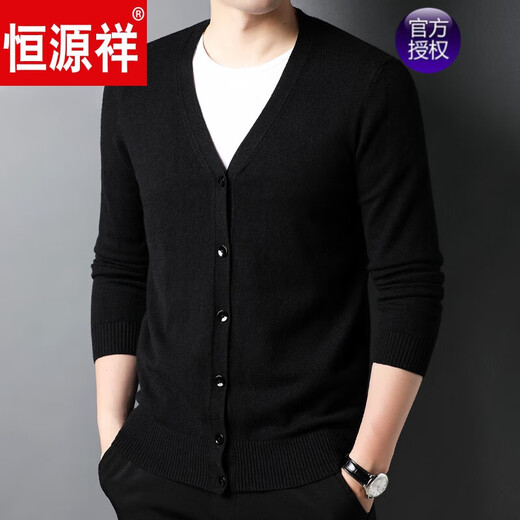 恒源祥开衫毛衣男士加厚外套秋季开口羊毛秋装男式纯色外穿对襟针织衫男 黑色 S 165 (合适95-120斤穿)