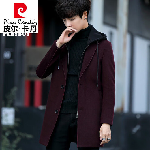 皮尔卡丹（pierre cardin）高档品牌冬季毛呢大衣男士中长款羊毛风衣加绒休闲连帽羊毛外套男 1852黑色黑帽 L【111-125斤】