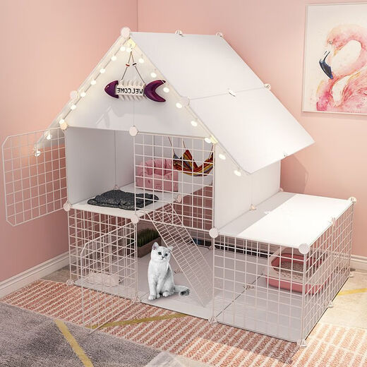 Cat Cage Home Indoor Cat Villa with Toilet Clearance Large Extra Large Free Space Small Cat Nest Cattery Three-story Small Bungalow + Princess Pink-Multi-layer Platform Exclusive Model Hardcover Model + Cat Litter Box + Dual-Purpose Cat Bowl