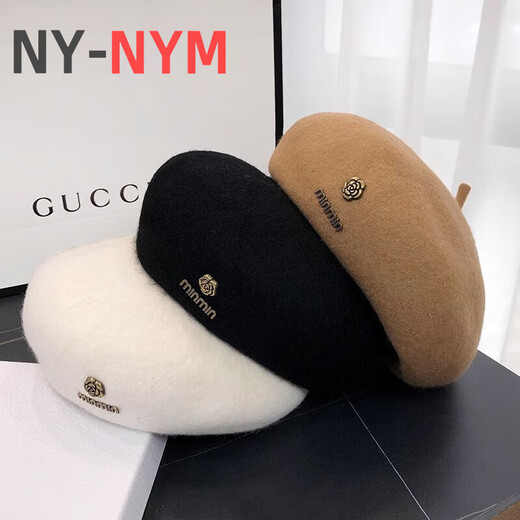 NY-NYM Korean style woolen beret women's autumn and winter large head circumference versatile octagonal hat Japanese style literary and artistic little painter hat off-white min beret