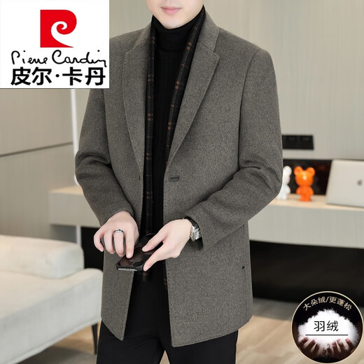 皮尔卡丹（pierre cardin）冬季呢子外套男士双面羊毛呢大衣中年爸爸款羽绒内胆加厚西装风衣 卡其色+带羽绒内胆 M 建议115斤以下
