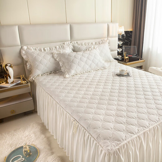 DREAM KARIN skin-friendly brushed quilted bed skirt bed cover single piece solid color dust-proof protective cover fitted sheet pad 180*200cm white