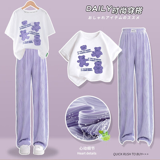 憨憨象女童夏季短袖套装2025新款洋气时髦童装中大童儿童两件套休闲夏装 15009紫色+9922白色 120