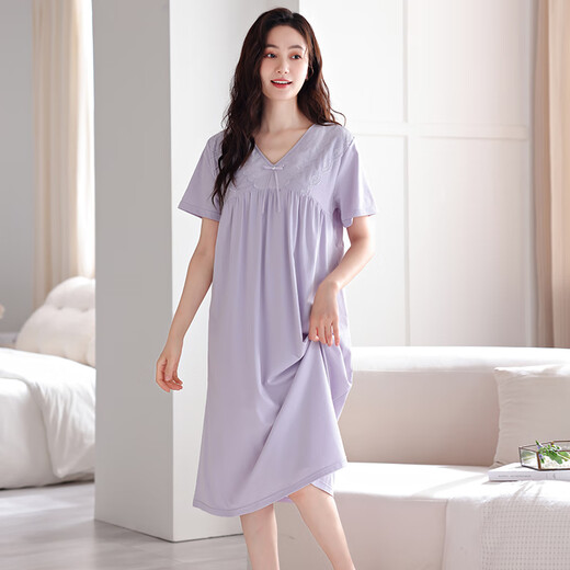 浪莎（LangSha）睡裙女夏季纯棉薄款短袖带胸垫家居服女士甜美公主风可外穿连衣裙 701芋紫（带胸垫） XXL【170-175cm/140-170斤】