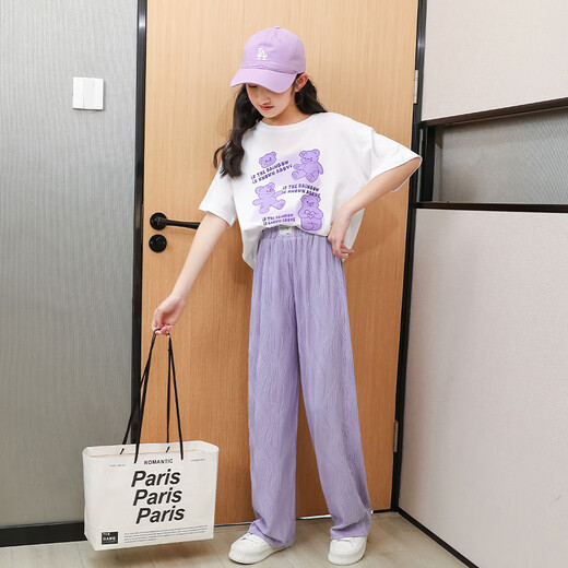 憨憨象女童夏季短袖套装2025新款洋气时髦童装中大童儿童两件套休闲夏装 15009紫色+9922白色 120
