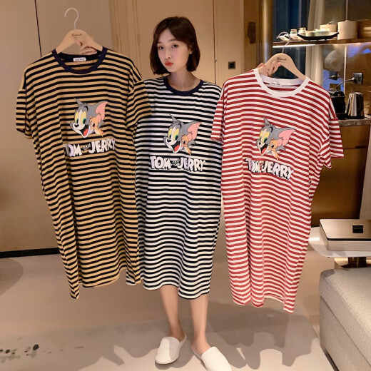 Pinkdackeb nightgown for women summer thin cotton long knee-length cartoon cute loose Korean version can be worn outside the nightgown navy blue one size fits all (90-135Jin [Jin equals 0.5 kg] to wear)