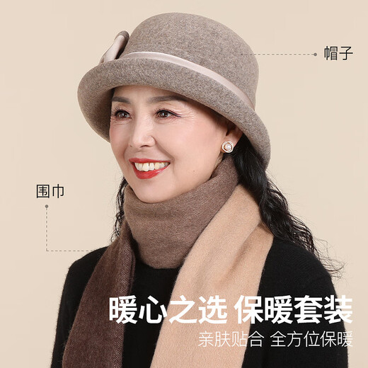 Hengyuanxiang middle-aged and elderly wool hat women's autumn and winter elegant bow hat mom grandma old lady basin hat dark purple hat 1