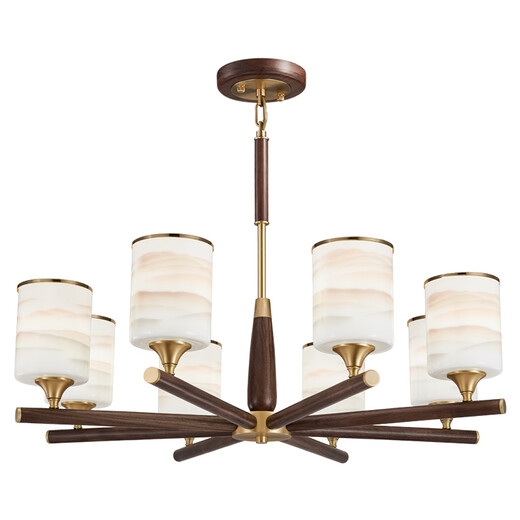 Copper Heart Woody New Chinese Chandelier LED Simple Living Room Light Atmospheric Black Walnut Solid Wood Restaurant Bedroom Light Hotel Villa Chandelier J9716-10+5 Head [with three-color light bulb]