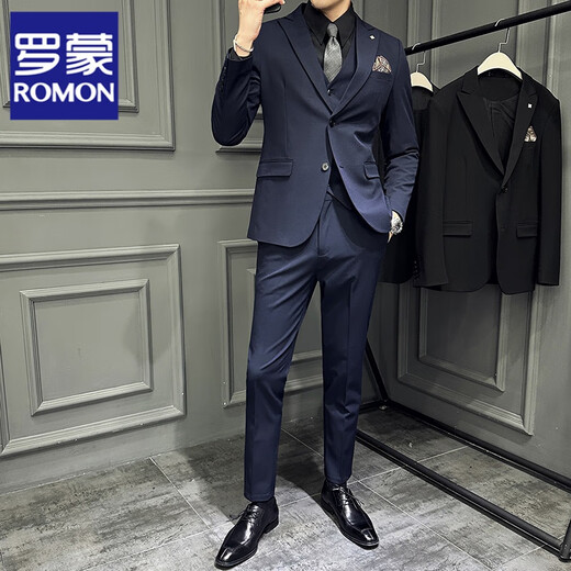 ROMON Casual Suit Men's Suit Slim Formal Wedding Groom's Dress Autumn Handsome Small Suit High-end Large Size Navy Blue One-piece Suit XL