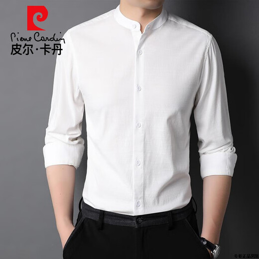 Pier Cardin long-sleeved shirt men stand collar Chinese style solid color shirt men linen cotton trend middle-aged and young father spring and autumn top 9930 rose red 165/105