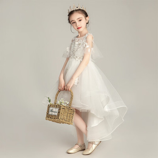 Girls' fashionable white gauze princess dress light luxury high-end wedding children's host birthday piano performance evening dress white short front and long back 130