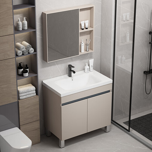 Dafify Honeycomb Aluminium Badezimmerschrank Keramik integriertes Badezimmer Waschbeckenschrank Kombination bodenhörigem Waschbecken Balkon Waschbecken Pool F828 Milch Kaffeetür plus halbem Spiegelschrank 60 cm