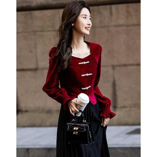 Demana Stars and Moon Spring and Autumn Chinese Style New Chinese Square Collar Shirt Pearl Disk Button Velvet Shirt Women's Top