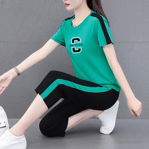 NY-EMMA运动套装女短袖夏季薄款高档洋气减龄棉质休闲时尚跑步服两件套 687蓝色（七分裤套装） M(建议80-95斤)