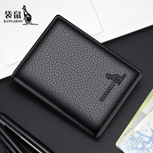 Kangaroo Card Holder Men's Multiple Card Slots New Genuine Leather Ultra-Thin Document Storage Bag Cowhide Bank Card Holder Men's Practical Black