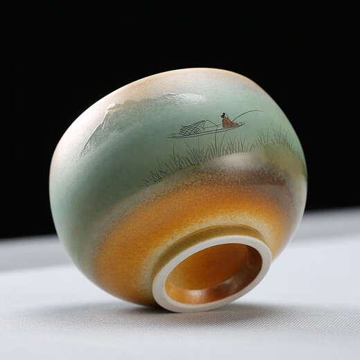 Gold inlaid jade hand-painted tea cup, ceramic kiln-turned single cup small water cup master cup Kung Fu tea set gift box 100ML random hand-painted cup