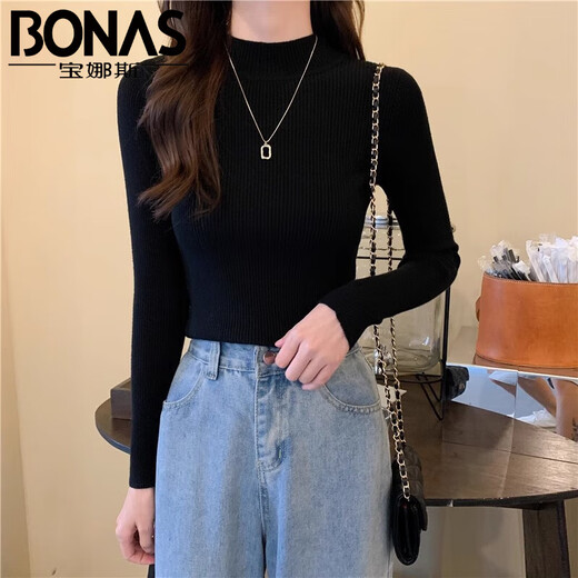 BONAS solid color half-turtleneck long-sleeved sweater women's base layer spring, autumn and winter Korean style versatile slim-fit sweater tops for women, half-turtleneck black, one size fits all (80-140Jin Jin equals 0.5kg)