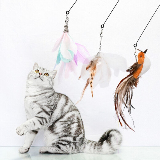 Dipur Cat Funny Stick Cat Toy Feather Cat Toy Self-Happiness Rod Extra Long Kitten Toy Pet Long Rod Wire Suction Cup