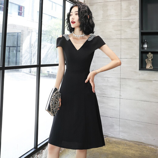 Roy Sa 婼婼婼婼婼驿sar women's 2020 new style can usually be worn at banquets and parties, elegant lady black dress, French petite dress, prom dress, black M