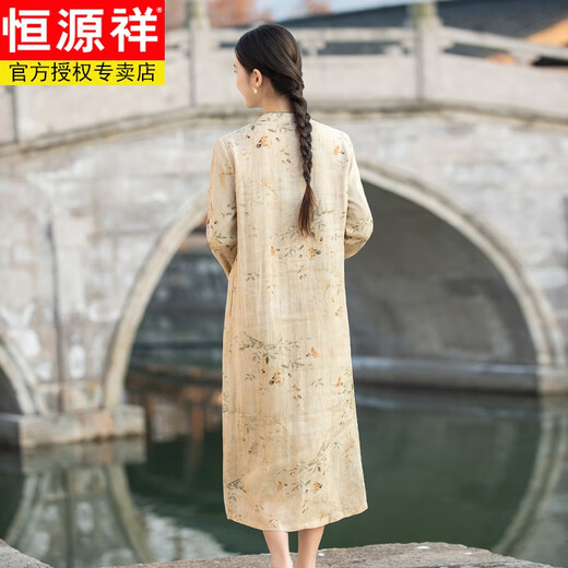 Hengyuanxiang Export tail goods removed from the cabinet Women's Chinese-style improved cheongsam plus velvet thickened stand-up collar printed cotton and linen dress Picture color (small quantity in stock) Oriental simple luxury style M Recommended 90-105 Jin Jin equals 0.5 kg Oriental simple luxury style