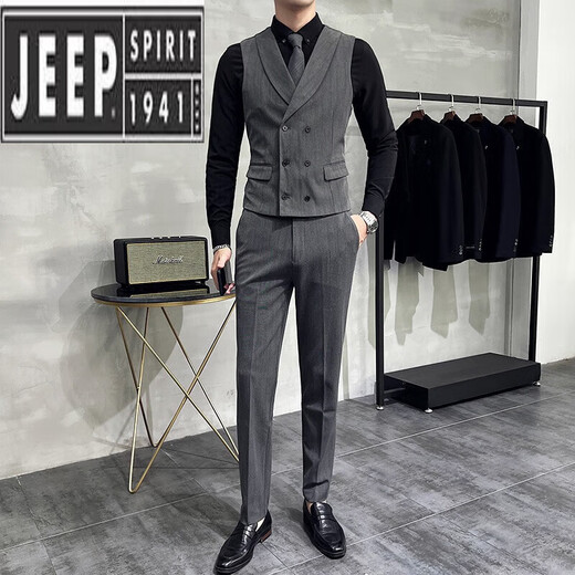 JEEP SPIRIT herringbone suit vest suit men's casual business formal elastic vest British handsome work clothes gray single vest + bow tie M 48