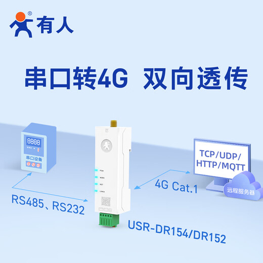 有人4G dtu模块Cat1导轨式无线透传RS485串口232/TTL通信物联网设备DR154系列 新款RS232+棒状天线+8年流量
