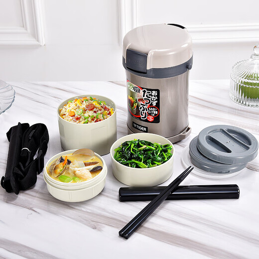 TIGER Insulated Lunch Box Large Capacity Extra Long Insulated 304 Vacuum Insulated Portable Student Japanese Cabinet Microwaveable Office Worker Gray 4 Layers 2L