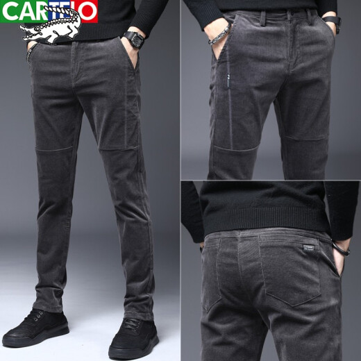 Cardile crocodile casual pants men's slim corduroy men's pants autumn new Korean style small feet long pants men's business straight overalls winter plus velvet thickened youth trendy men's wear 812 gray regular 33 size