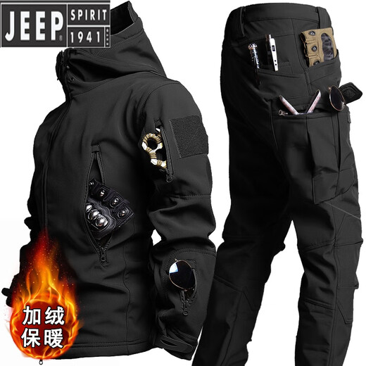 JEEP SPIRIT Jeep Autumn and Winter Men's Thickened Coldproof Waterproof Tactical Jacket Work Camouflage Jacket Plus Velvet Warm Jacket Shark Charge Suit-Black L (131-145Jin Jin equals 0.5kg)