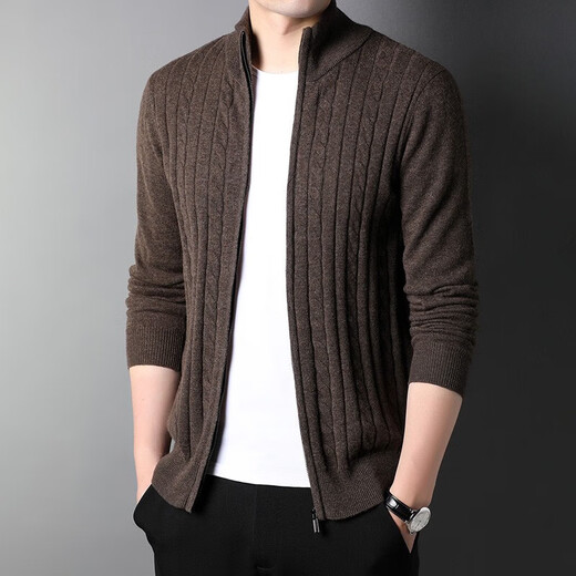 NOSSKISS light luxury brand men's pure wool cardigan for men in autumn and winter stand-up collar striped jacquard zipper knitted sweater jacket for men dark blue (twisted pattern) XL 180