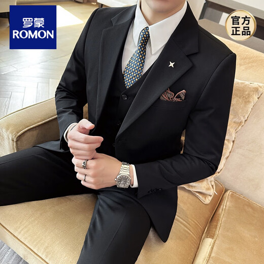 ROMON British Business Slim Suit Men's Commuting Casual School Suit Professional Wear Formal Groom's Dress Three-piece Set Navy Suit/Trousers S