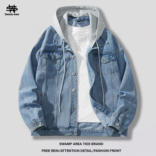 SWAMP AREA men's hooded denim jacket autumn and winter American retro loose couple casual jacket SWC11 black XL