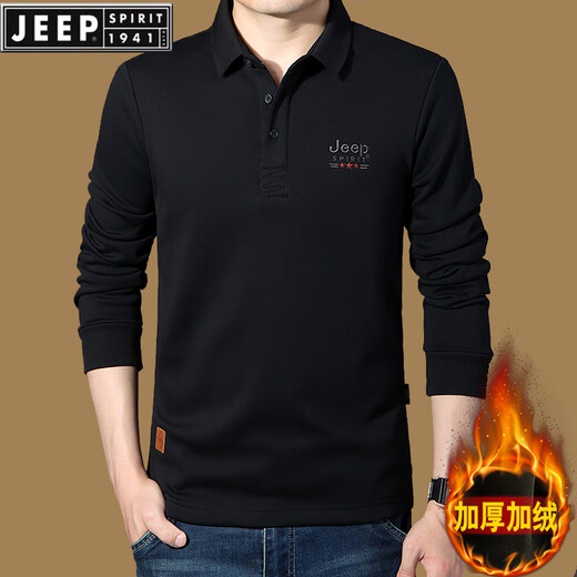 JEEP SPIRIT2025 Autumn and Winter Lapel Long Sleeve Velvet T-shirt Men's Slim Large Size Thickened Warm Polo T-shirt Top Army Green 3XL 185Jin Jin equals 0.5kg -200Jin Jin equals 0.5kg About