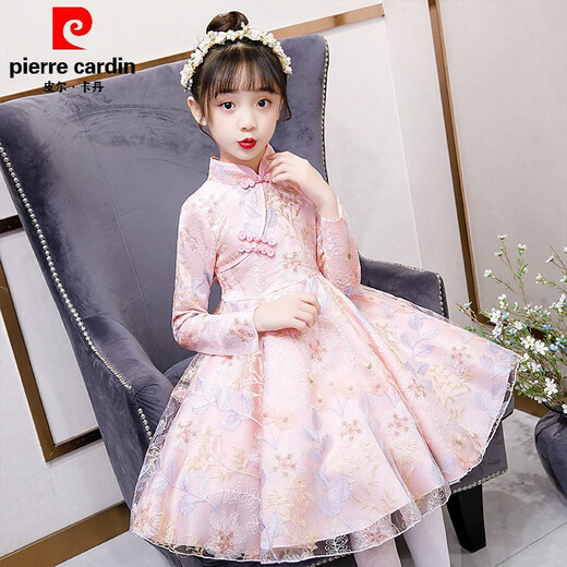Pierre Cardin children's clothing from Shiying girls spring dress 6-12 years old children's winter clothing plus velvet cheongsam Hanfu skirt little girl sweet and cute mesh princess dress autumn and winter 5 8503 long sleeve pink (plus velvet) 110 cm