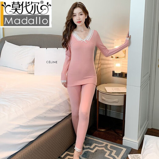 
Modal double-sided German velvet thermal underwear for women with beautiful body slim marks and traces autumn clothes and long pants suit sexy lace base cotton sweater T9901# black S