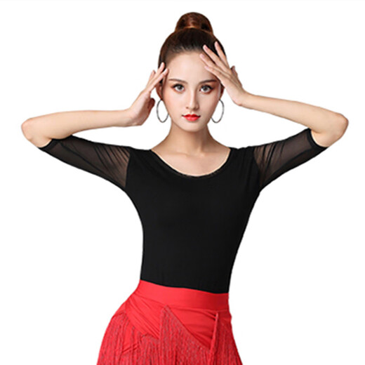
GUBPMTSHIM Latin dance top women's mid-sleeved round neck Chacha ballroom dance practice suit autumn new style Jitba dance suit short sleeve black B829 mid-sleeved top XL