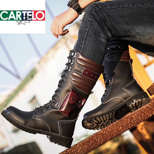 CARTELO high tube long boots men's trendy riding boots retro knight boots men's high top boots Martin boots British style cowboy boots spring and autumn black 983 40