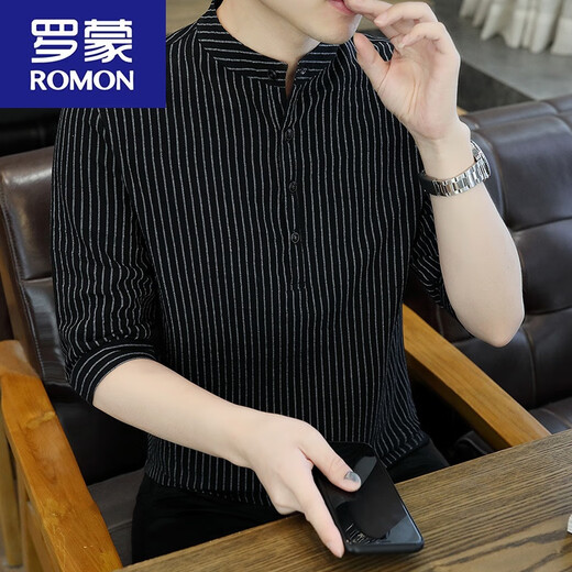罗蒙（ROMON）2024棉麻七分袖t恤男夏季棉条纹短袖立领五分袖纯色百搭潮 8899深灰色 L 105-120斤