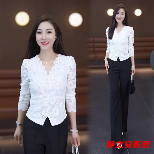 Ma Feixuan plus velvet and thickened hollow lace shirt French new autumn and winter lace bottoming shirt slimming slim long-sleeved top ginger-warm shirt for women 3XL-warm shirt for women