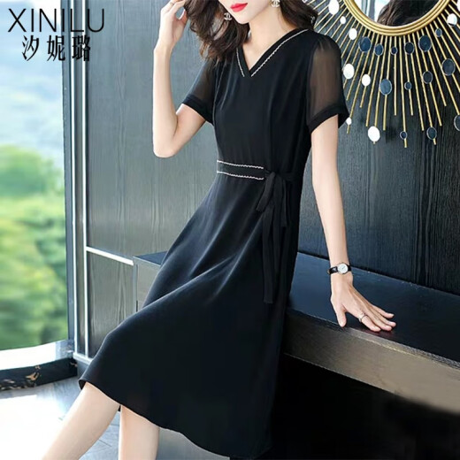 Xinilu Dress 2020 Summer New Women's Large Size Korean Style Slim Fashion Temperament Medium Long Short Sleeve Chiffon Dress Female Q865 Black L