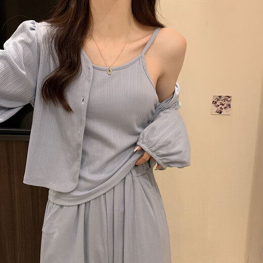 
Catman four-season pajamas for women pure cotton 2025 new pure and sweet style with chest pad simple blue three-piece set 831 apricot color with chest pad removable L Recommended 95-110Jin [Jin equals 0.5 kg]
