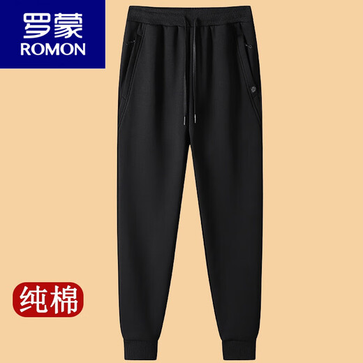 
ROMON (ROMON) spring and autumn pure cotton trousers for men's casual pants tying feet sports pants solid color loose men's long trousers trend Black trousers - single spring and autumn XL Recommended 120-140Jin [Jin equals 0.5 kg]