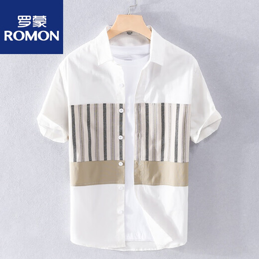 罗蒙（ROMON）夏季男士条纹短袖衬衫日系拼接薄款上衣服休闲百搭衬衣 9740蓝色 2XL 160斤左右