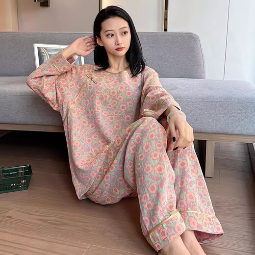 Jiuhongfei Fat MM Pajamas para mujeres en primavera y otoño gran tamaño puro algodón retro de algodón de algodón floral de algodón de algodón de algodón más grasa más 200 jin [Jin es igual a 0.5 kg] YZ16802 5XL (180-240 Jin [Jin equivale a 0.5 kg])