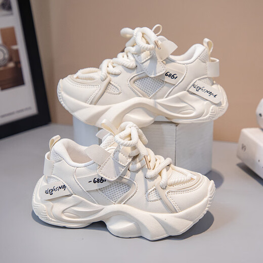 Spezielle Größe Kinder weiße Schuhe Mädchen Schuhe Neuer Stil Mesh weicher alleiner Mädchen Vaters Sneaker 699 Beige-weißes Hauptbild 33